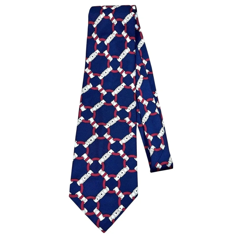 Vintage Neiman Marcus 100% Silk Necktie Navy‎ Blue Buckle Chain Links